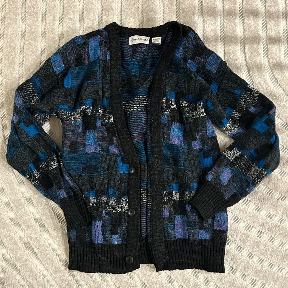 Vintage Block Pattern Grandpa Sweater Buttoned Cardigan - L